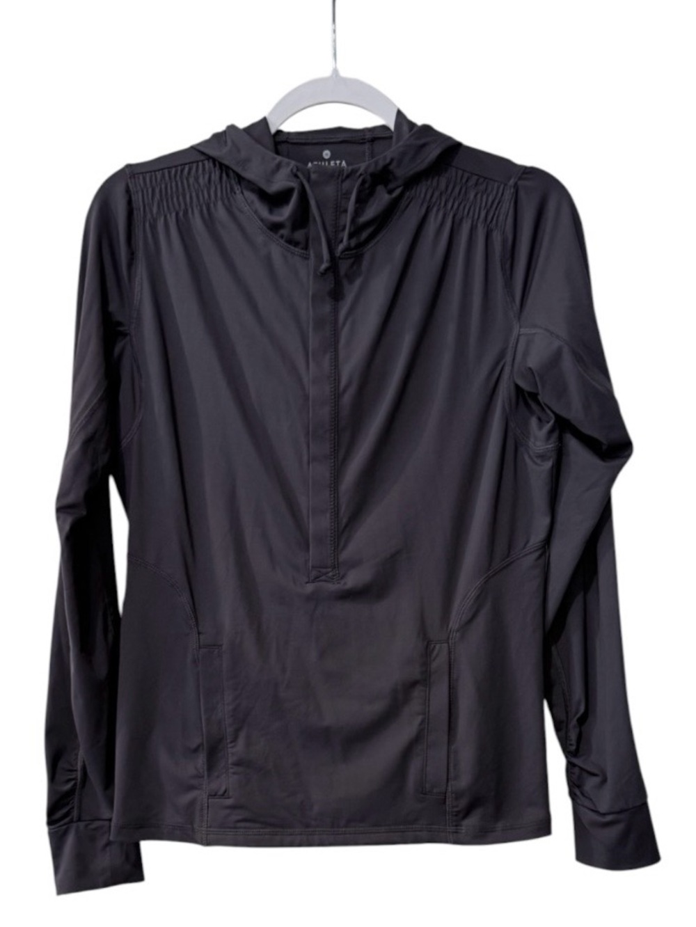 Athleta women’s medium 1/2 snap button up long sleeve hooded gray shirt